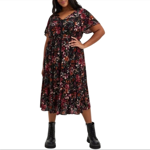 Torrid Black Floral Lace Inset Gauze Midi Dress 2X Boho Cottagecore Retro NWT - Picture 1 of 11